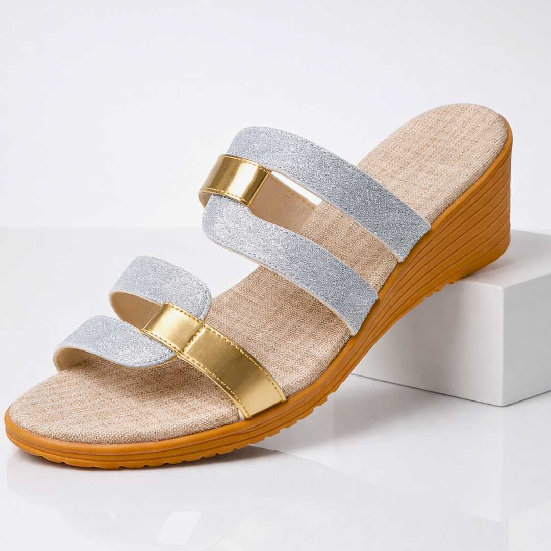 Sandalias Slide de Mujer – Glitter Metalizado Doble Tira Cuña Baja