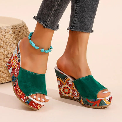 Sandalias de Cuña de Mujer – Ante Estampado Floral Plataforma Slide Boho