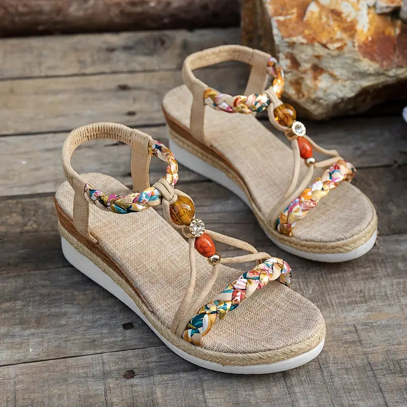 Sandalias de Cuña de Mujer – Espadrilles Boho Trenzadas Cuentas y Strass