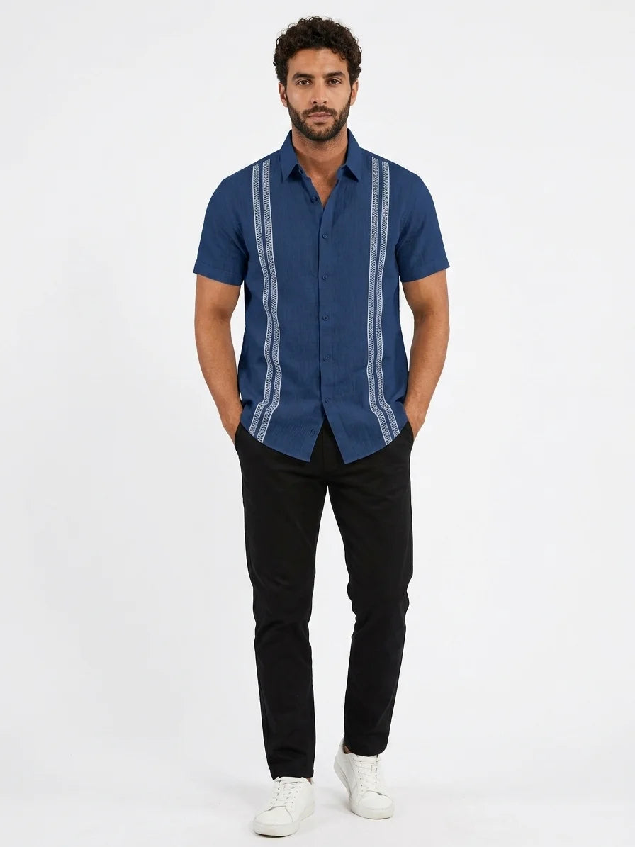 Momount Men Guayabera Linen Shirt – Long Sleeve Embroidered Panels Beach - Dark Blue - front