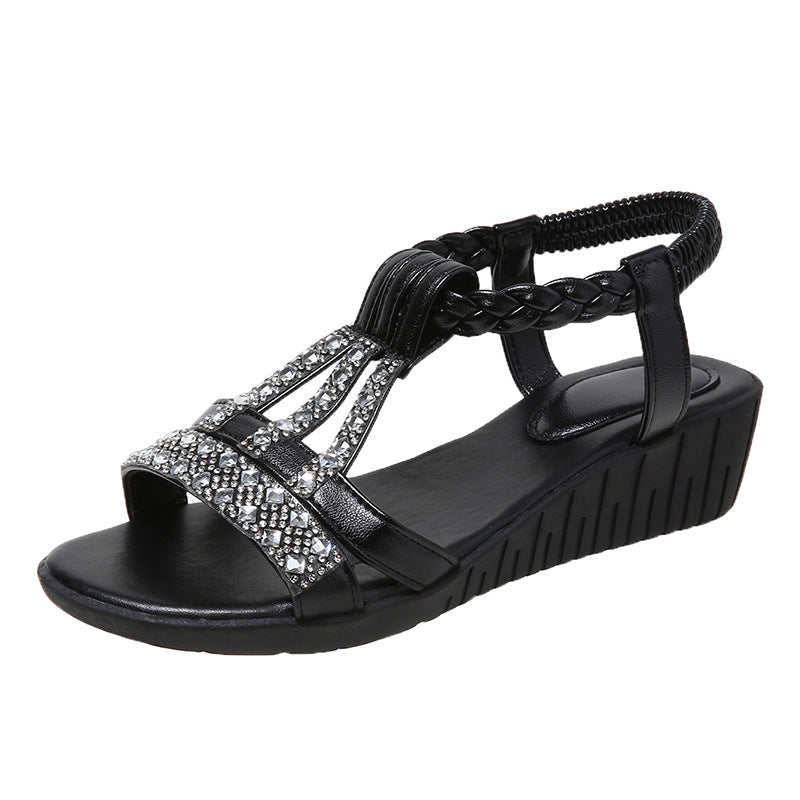 Sandalias de Cuña de Mujer – Boho Strass Trenzadas Tira en T Verano