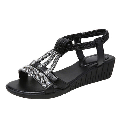 Sandalias de Cuña de Mujer – Boho Strass Trenzadas Tira en T Verano