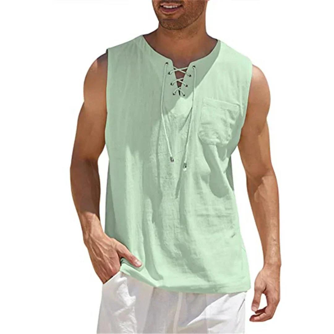 Momount Men Linen Tank Top – Lace Up V Neck Sleeveless Beach Casual