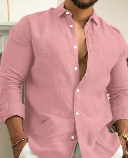 Momount Men Linen Shirt – Long Sleeve Band Collar Button Up Classic