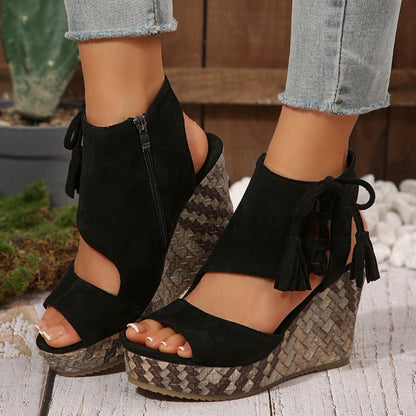 Sandalias de Cuña de Mujer – Ante Tejido Lazo Plataforma Alta Boho
