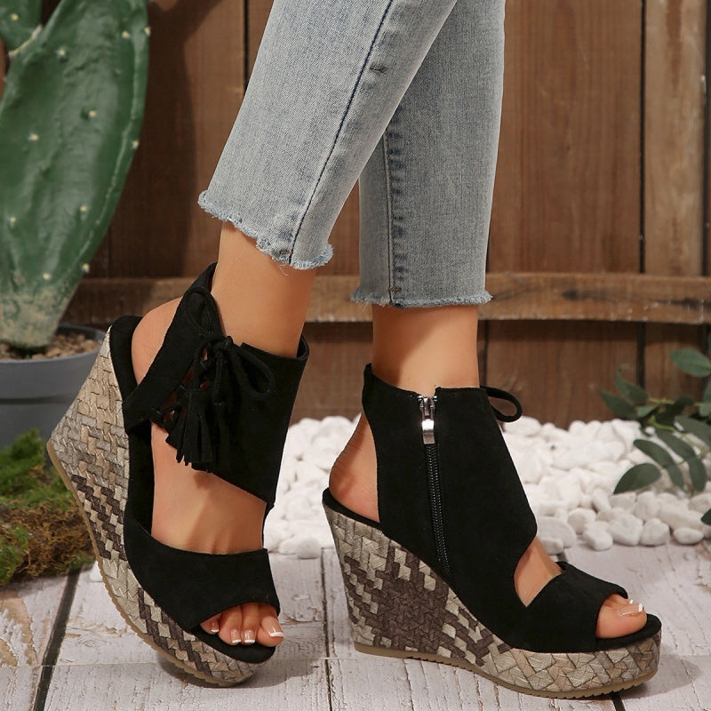 Sandalias de Cuña de Mujer – Ante Tejido Lazo Plataforma Alta Boho