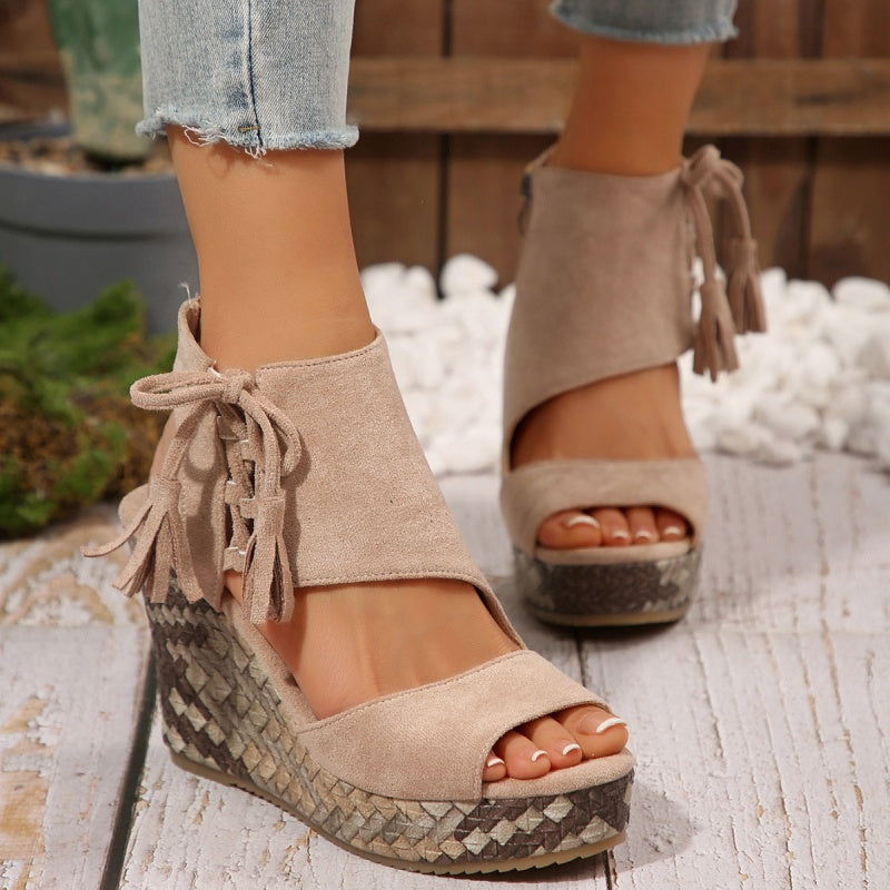 Sandalias de Cuña de Mujer – Ante Tejido Lazo Plataforma Alta Boho
