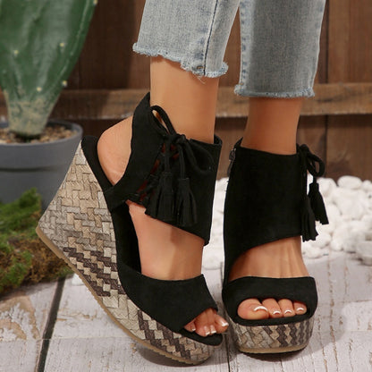 Sandalias de Cuña de Mujer – Ante Tejido Lazo Plataforma Alta Boho