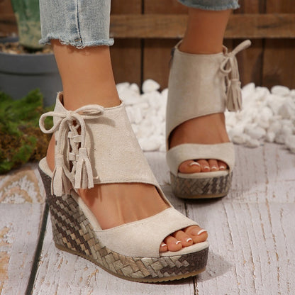 Sandalias de Cuña de Mujer – Ante Tejido Lazo Plataforma Alta Boho