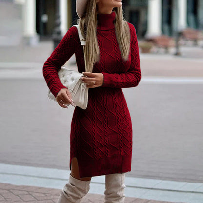 Thessalina | Vestido Midi de Punto Trenzado con Cuello Alto