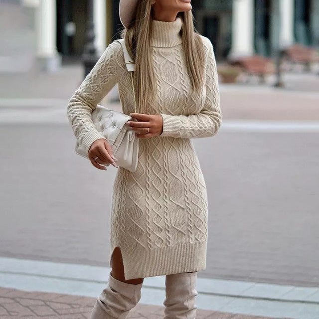 Thessalina | Vestido Midi de Punto Trenzado con Cuello Alto