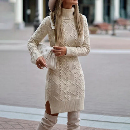 Thessalina | Vestido Midi de Punto Trenzado con Cuello Alto