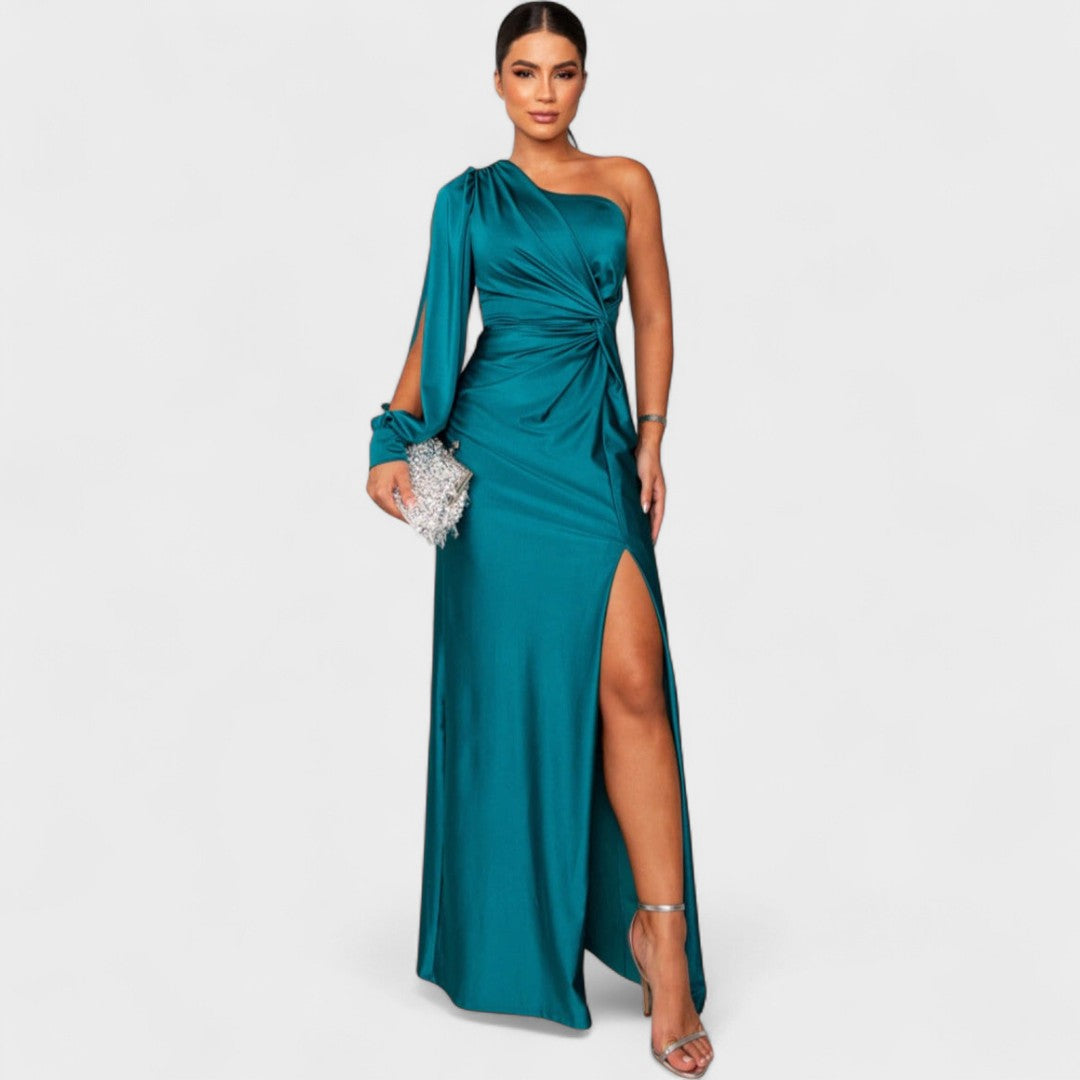 Isadora | Vestido Largo Satinado de Un Solo Hombro con Fruncido Elegante