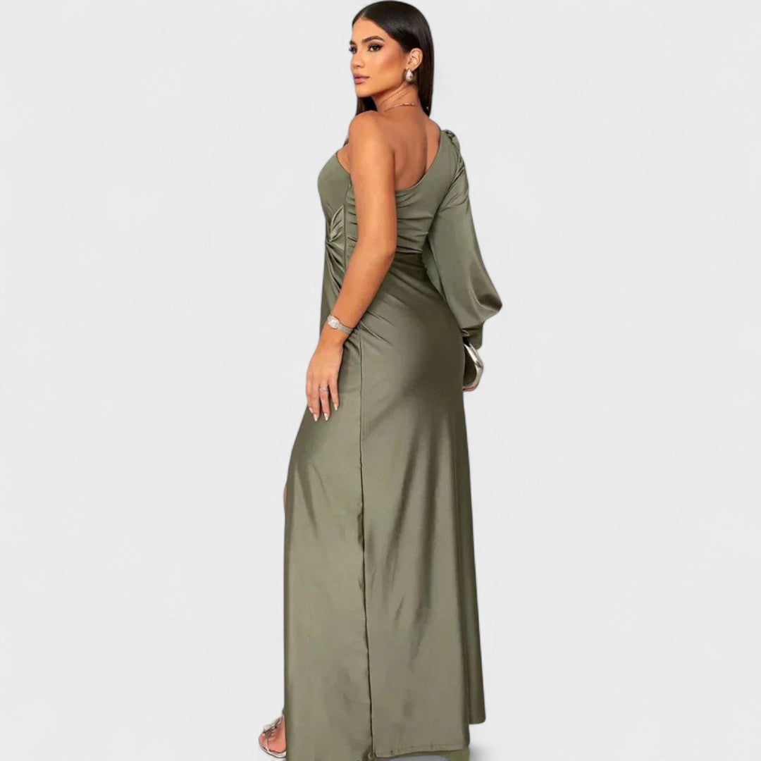 Isadora | Vestido Largo Satinado de Un Solo Hombro con Fruncido Elegante