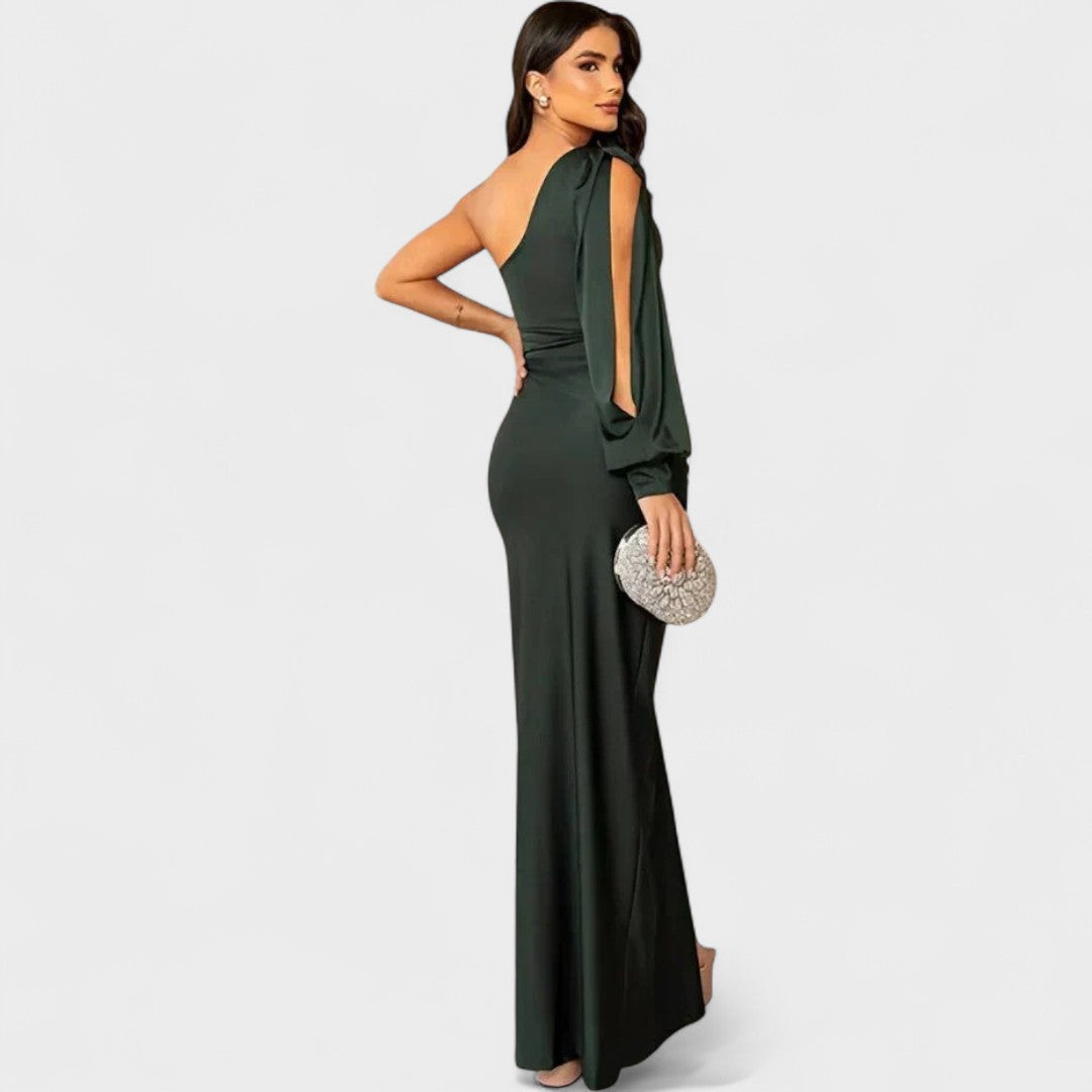 Isadora | Vestido Largo Satinado de Un Solo Hombro con Fruncido Elegante