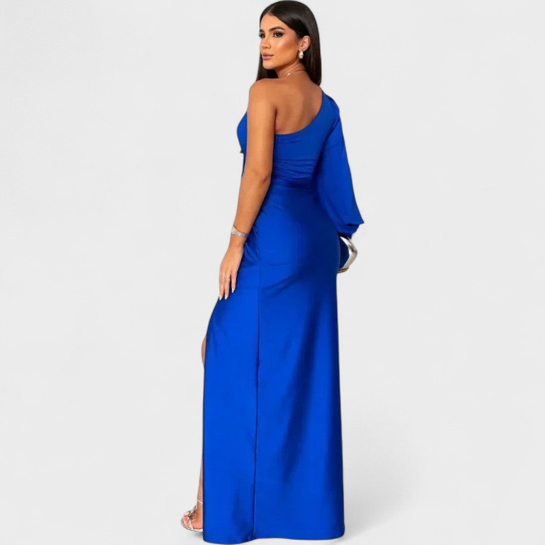 Isadora | Vestido Largo Satinado de Un Solo Hombro con Fruncido Elegante