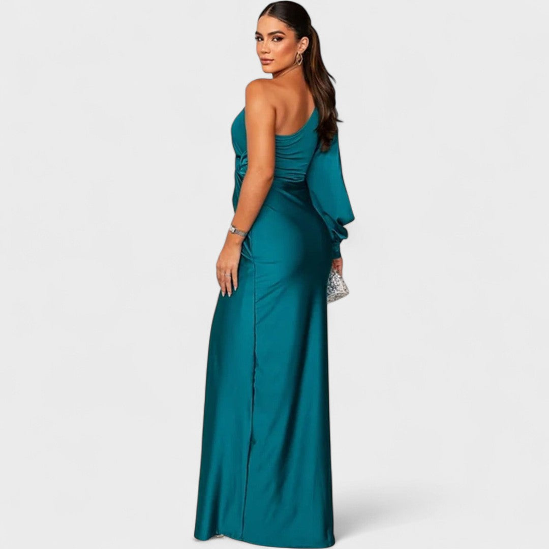 Isadora | Vestido Largo Satinado de Un Solo Hombro con Fruncido Elegante