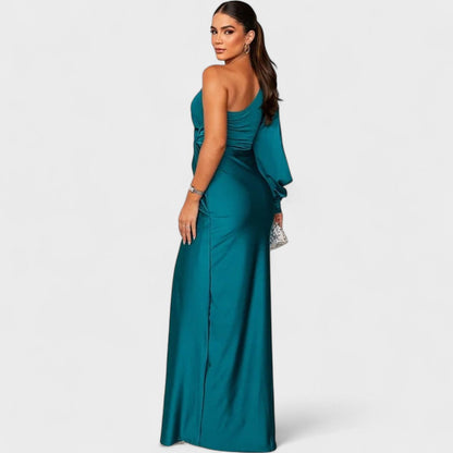 Isadora | Vestido Largo Satinado de Un Solo Hombro con Fruncido Elegante