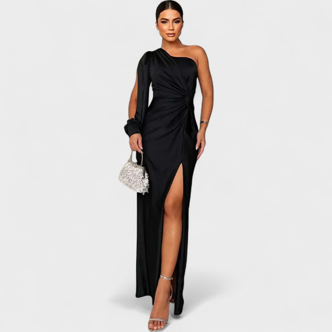 Isadora | Vestido Largo Satinado de Un Solo Hombro con Fruncido Elegante
