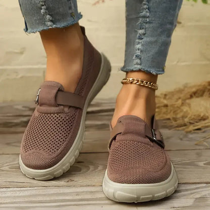 Momount Women Slip-On Sneakers – Knit Mesh Buckle Strap Cushioned Walking