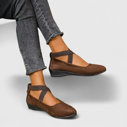 Momount Women Ballet Flats – Suede Crossover Strap Round Toe Elastic Ankle