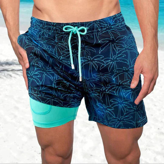 Bañadores de Hombre – Bañador Azul Marino con Estampado de Palmeras y Forro de Malla