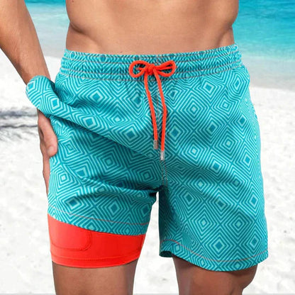 Momount Men Swim Shorts – Tropical Leaf Print Phone Pocket Mesh Liner