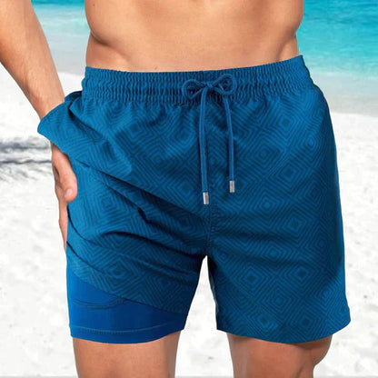 Bañadores de Hombre – Bañador Azul Marino con Estampado de Palmeras y Forro de Malla