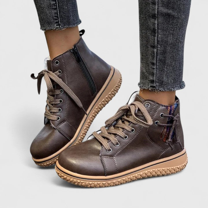 Momount Women High-Top Sneaker Boots – Leather Lace-Up Side Zip Crepe Sole