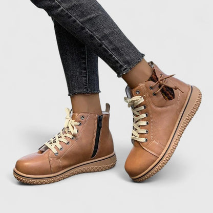 Momount Women High-Top Sneaker Boots – Leather Lace-Up Side Zip Crepe Sole