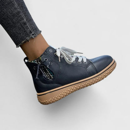 Momount Women High-Top Sneaker Boots – Leather Lace-Up Side Zip Crepe Sole