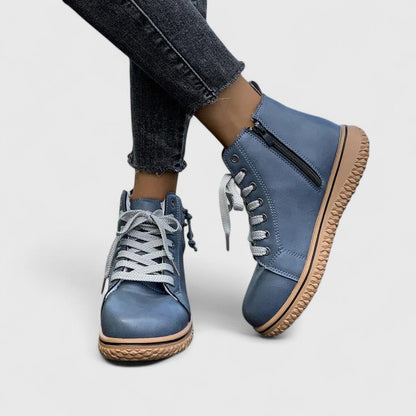 Momount Women High-Top Sneaker Boots – Leather Lace-Up Side Zip Crepe Sole
