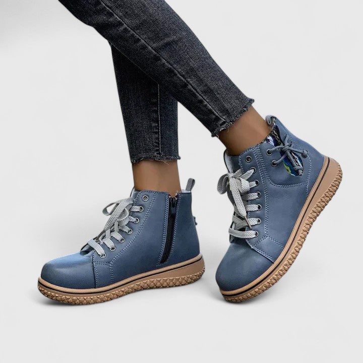 Momount Women High-Top Sneaker Boots – Leather Lace-Up Side Zip Crepe Sole