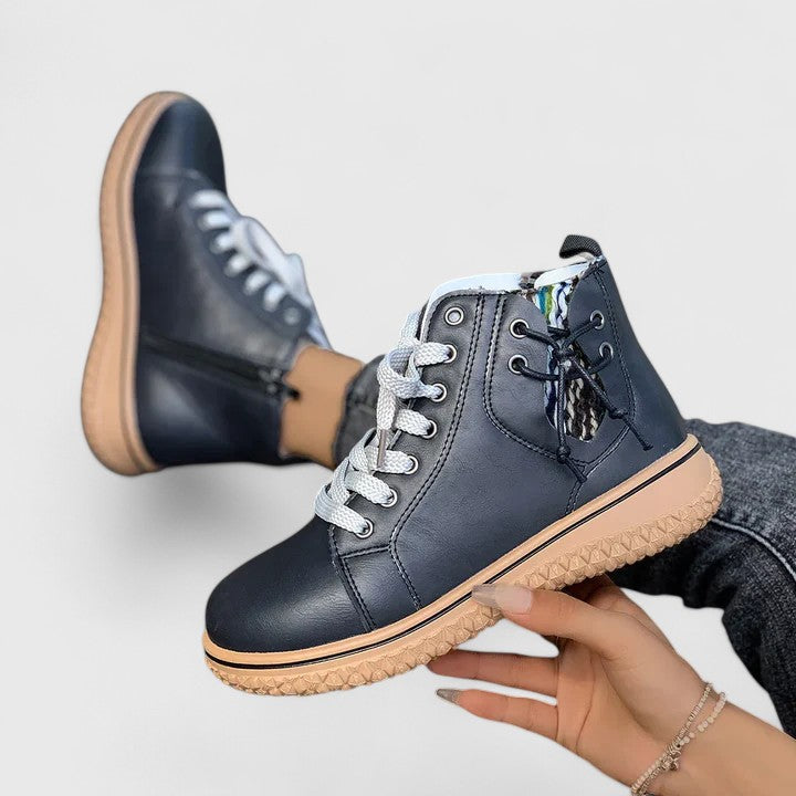 Momount Women High-Top Sneaker Boots – Leather Lace-Up Side Zip Crepe Sole