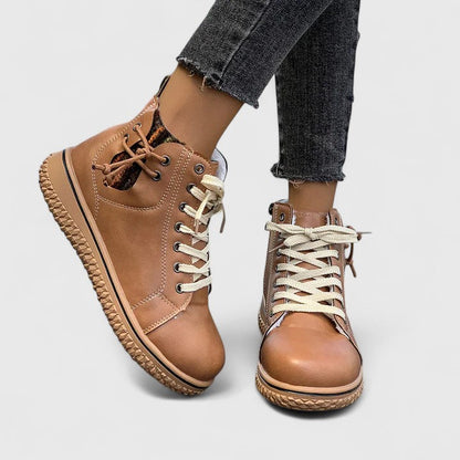 Momount Women High-Top Sneaker Boots – Leather Lace-Up Side Zip Crepe Sole