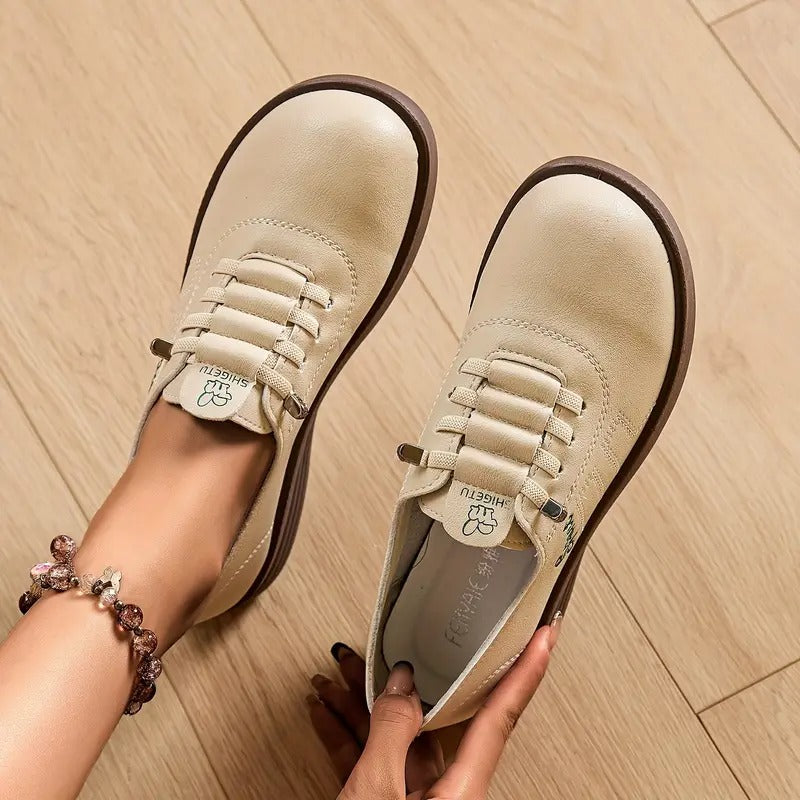 Momount Women Lace-Up Loafers – Leather Round-Toe Flatform Comfort Casual