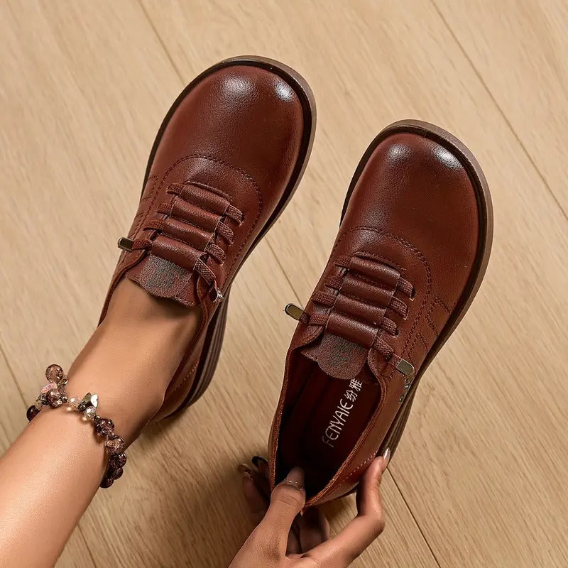 Momount Women Lace-Up Loafers – Leather Round-Toe Flatform Comfort Casual