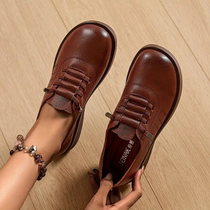 Momount Women Lace-Up Loafers – Leather Round-Toe Flatform Comfort Casual