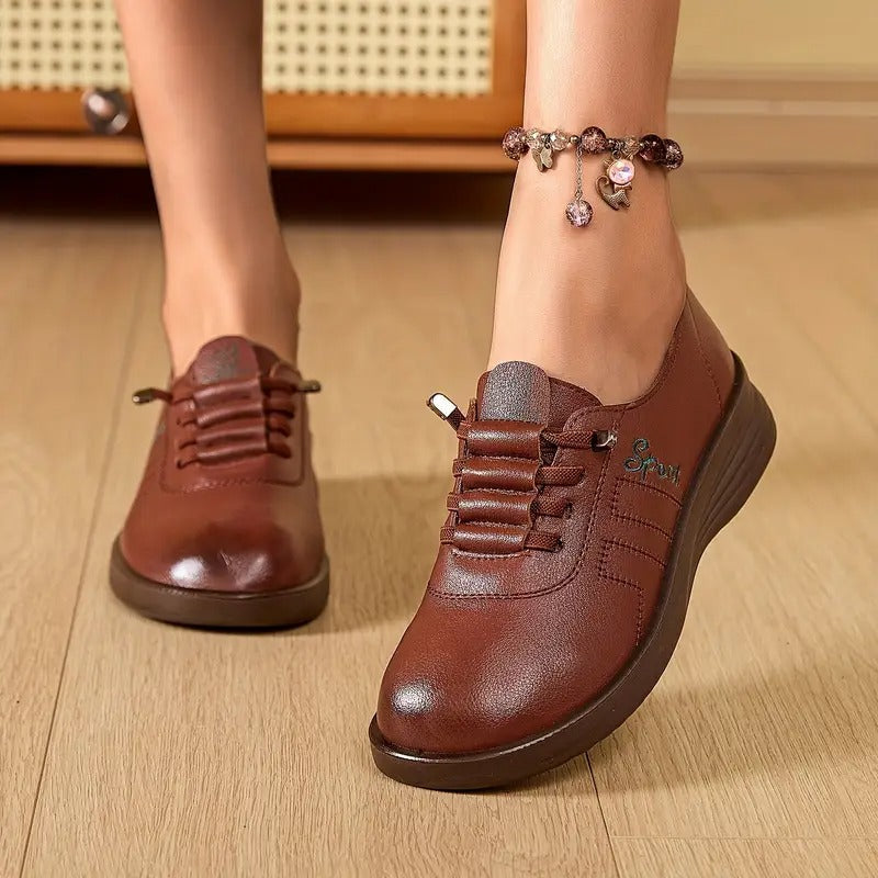 Momount Women Lace-Up Loafers – Leather Round-Toe Flatform Comfort Casual