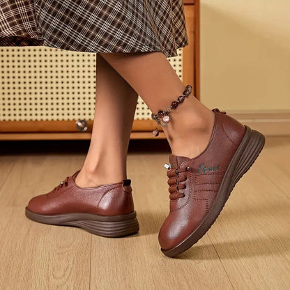 Momount Women Lace-Up Loafers – Leather Round-Toe Flatform Comfort Casual