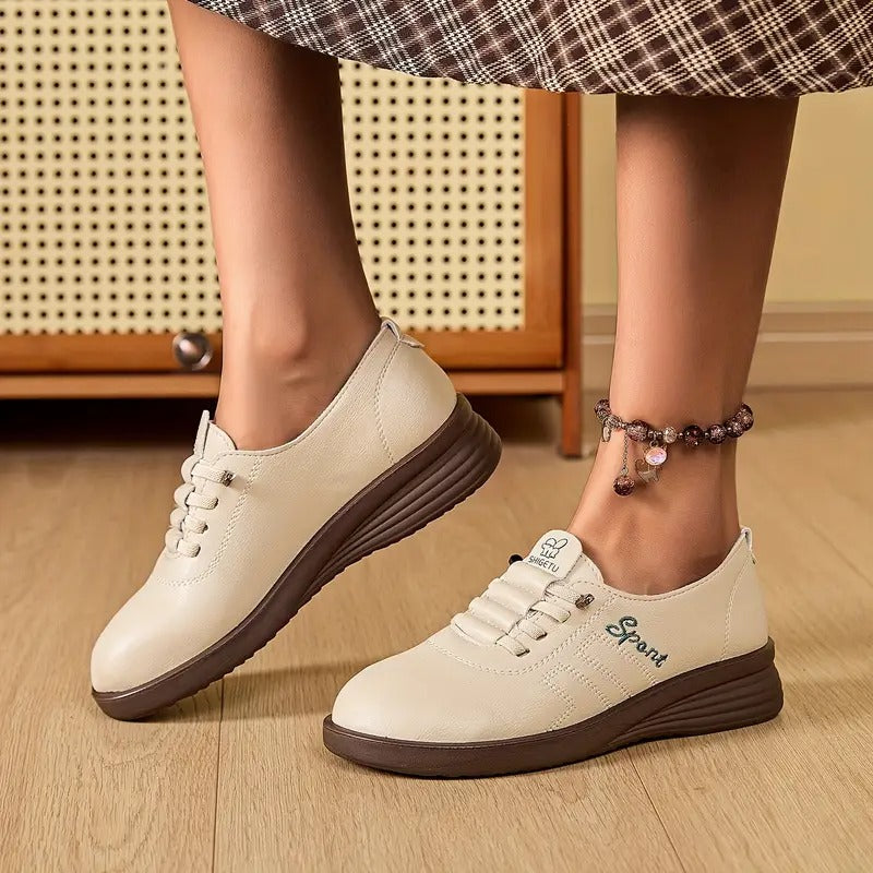 Momount Women Lace-Up Loafers – Leather Round-Toe Flatform Comfort Casual