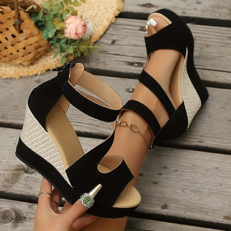 Sandale Espadrile Wedge Momount Damă – Piele Întoarsă, Iută, Platformă cu Curea la Gleznă, Vârf Deschis