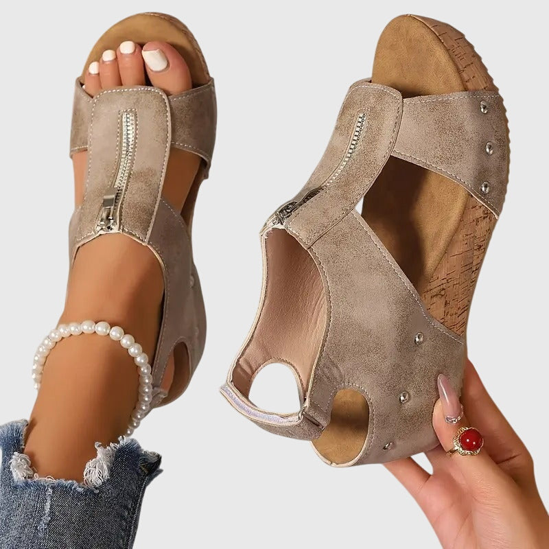 Momount Dame Kilesandaler med Kork – Læder Frontlynlås Nittedetaljer Peep-Toe
