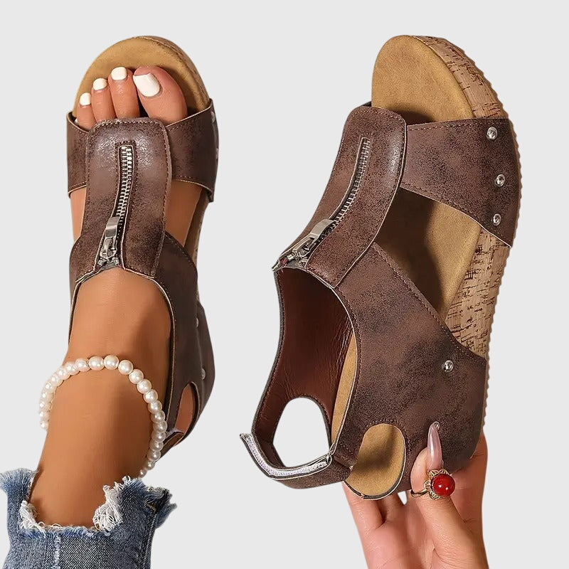 Momount Dame Kilesandaler med Kork – Læder Frontlynlås Nittedetaljer Peep-Toe