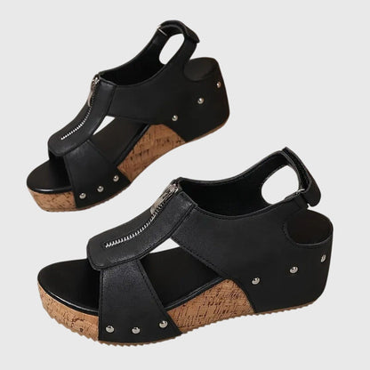 Momount Dame Kilesandaler med Kork – Læder Frontlynlås Nittedetaljer Peep-Toe