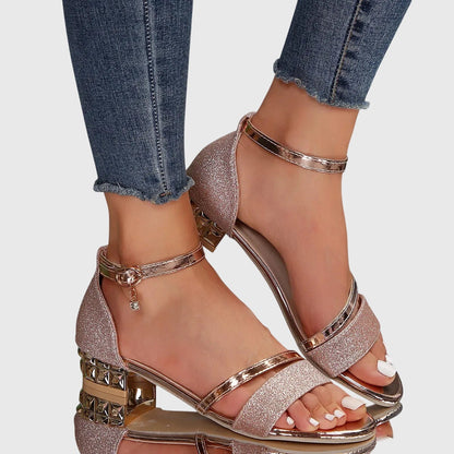 Momount Mulher Sandálias com Tira de Tornozelo – Salto Largo com Glitter e Strass Bico Aberto