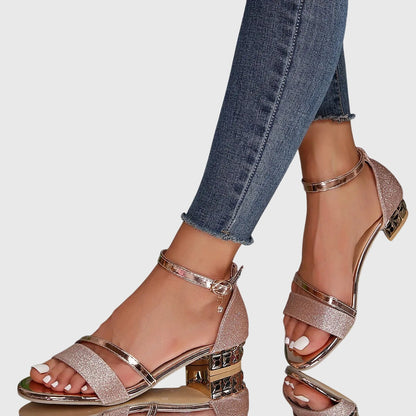Momount Mulher Sandálias com Tira de Tornozelo – Salto Largo com Glitter e Strass Bico Aberto