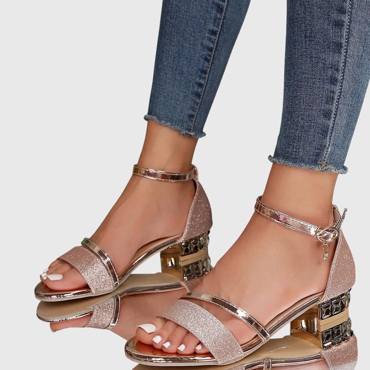 Momount Mulher Sandálias com Tira de Tornozelo – Salto Largo com Glitter e Strass Bico Aberto