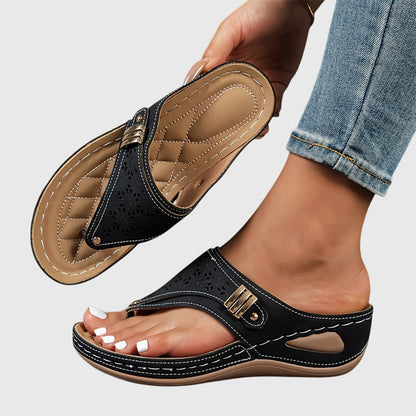 Momount Sandale Wedge Thong Damă – Piele Tăiată cu Laser Slide Toe-Post Toc Jos