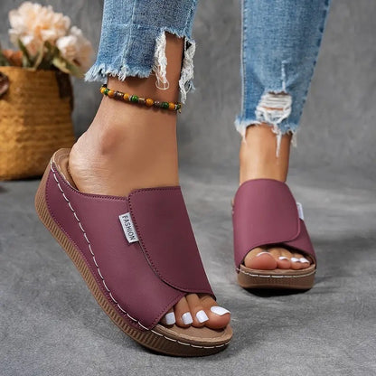 Sandalias de Cuña Plataforma de Mujer – Mules Cuero Marrón Punta Abierta